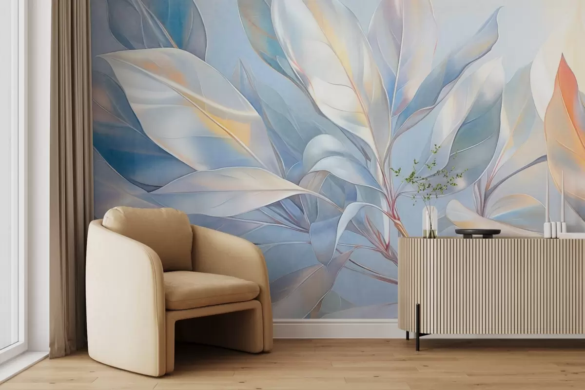 Fototapete Magnolienblätter mit weißen und blauen Tönen, weiche Beleuchtung, elegante Komposition, detaillierte Blattadern, künstlerische Pinselstriche w09385