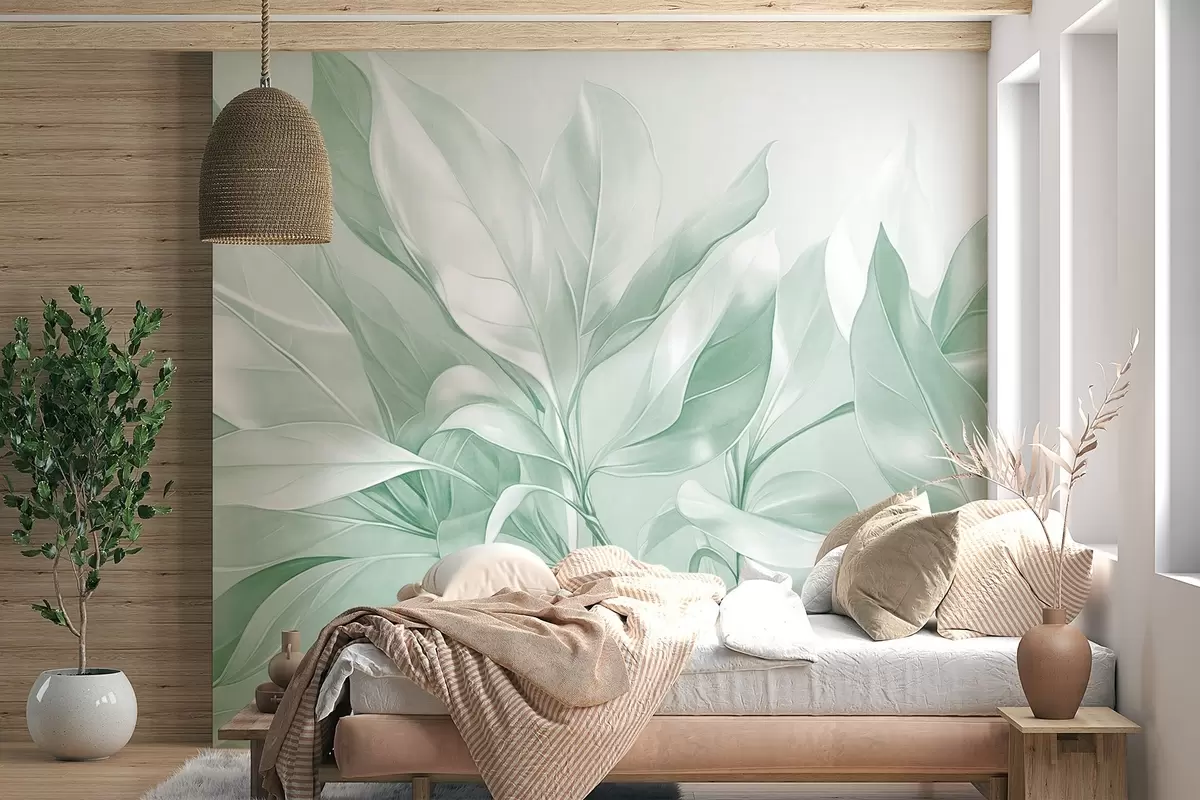 Fototapete Magnolienblätter mit weißen und grünen Farbtönen, weiche Beleuchtung, elegante Komposition, detaillierte Blattadern, künstlerische Pinselstriche w09385v1