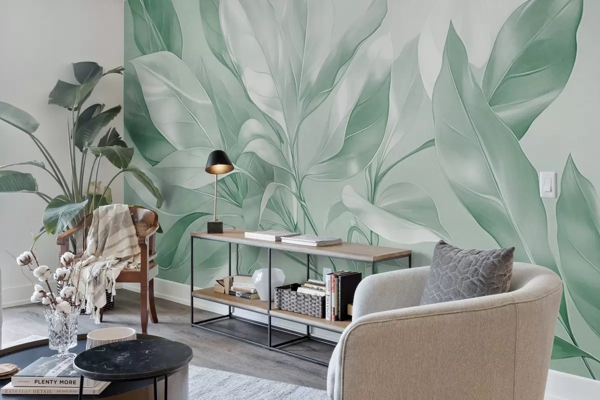 Fototapete Magnolienblätter mit weißen und grünen Farbtönen, weiche Beleuchtung, elegante Komposition, detaillierte Blattadern, künstlerische Pinselstriche w09385v1