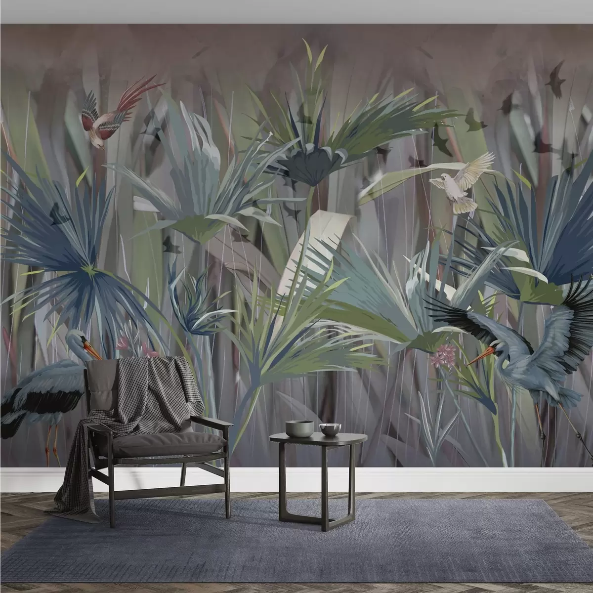 Fototapete Exotische Vögel zwischen Palmenblättern und Blumen w04458