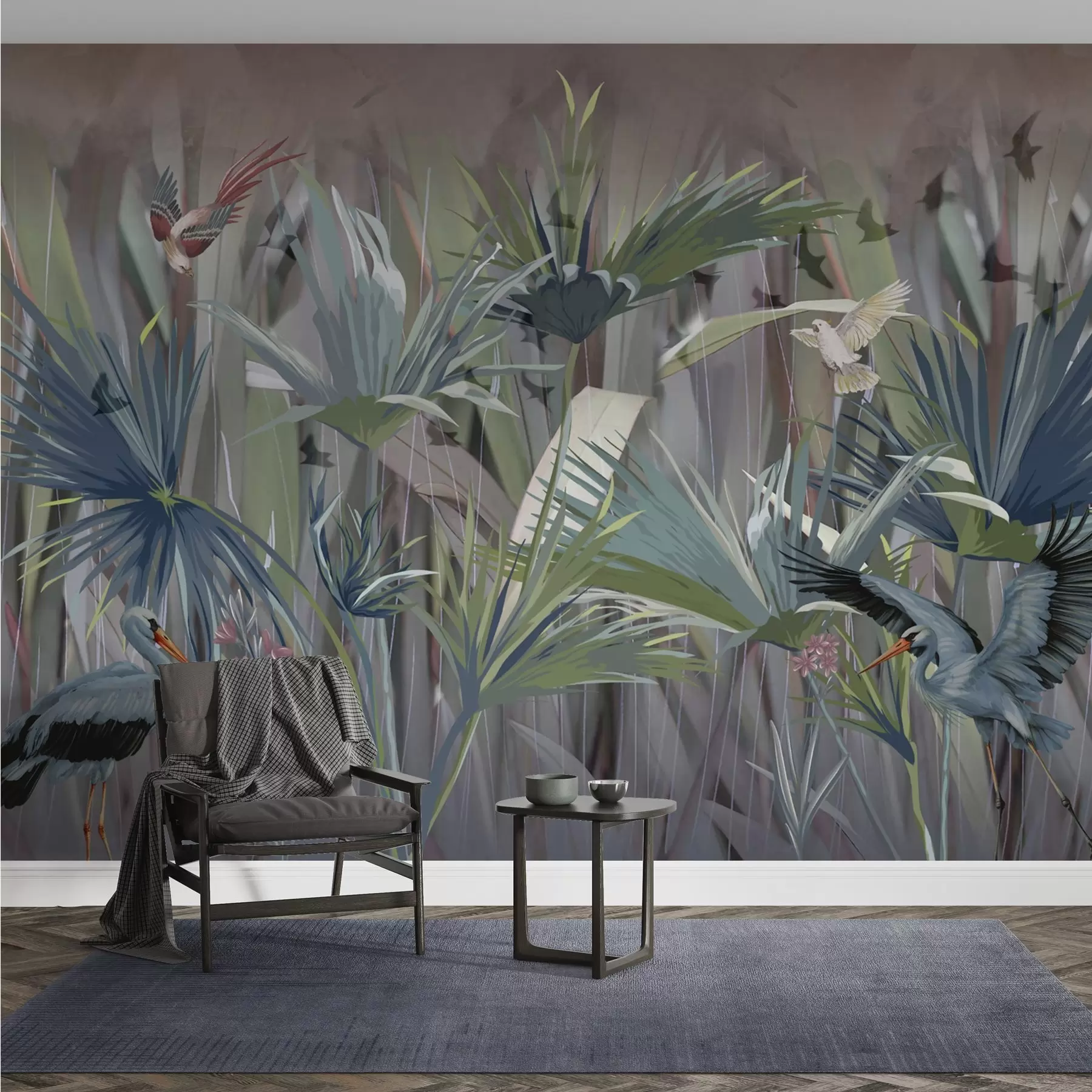 Fototapete Exotische Vögel zwischen Palmenblättern und Blumen w04458