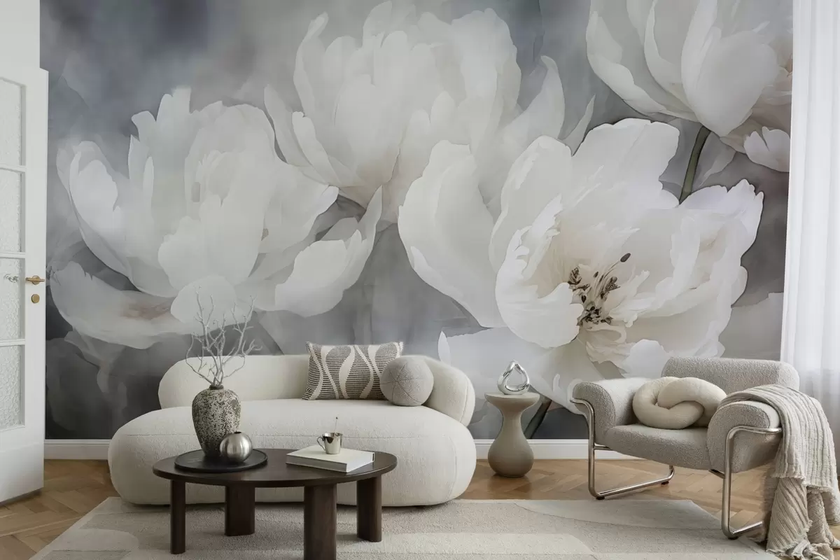 Fototapete Weiße Blumen auf einem nebligen, zarten Hintergrund w04441