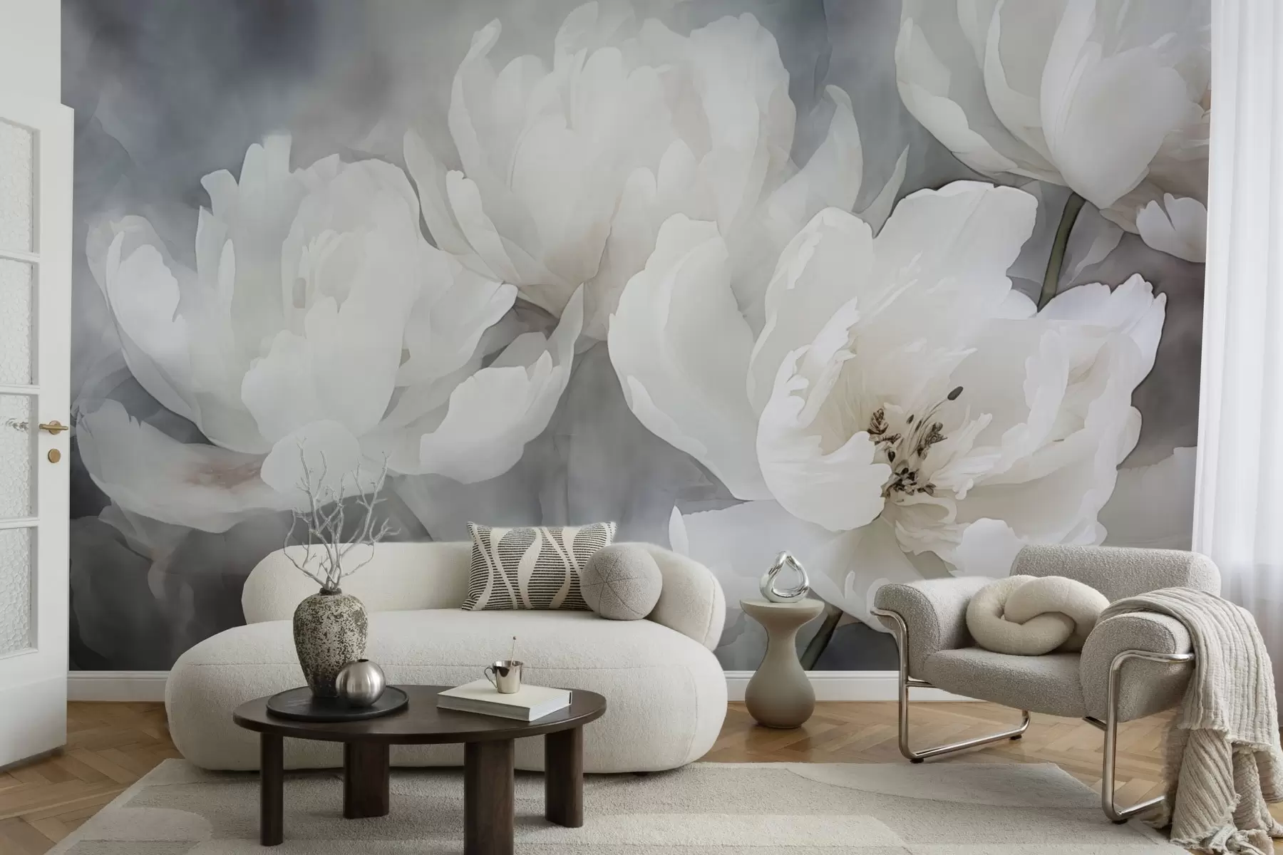 Fototapete Weiße Blumen auf einem nebligen, zarten Hintergrund w04441
