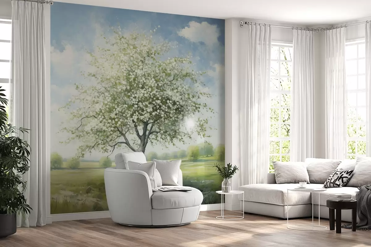 Fototapete Ein einsamer Baum in einem Feld mit weißen Blüten w04445