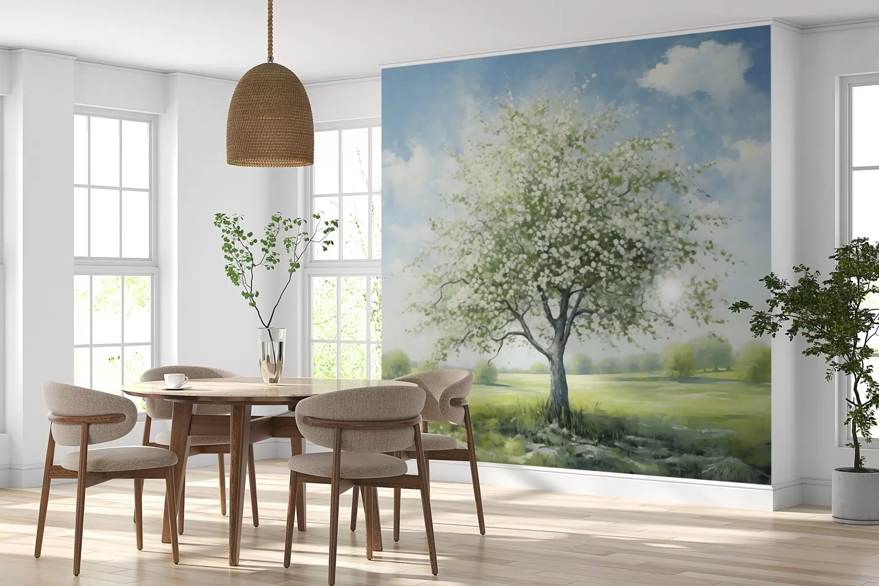 Fototapete Ein einsamer Baum in einem Feld mit weißen Blüten w04445