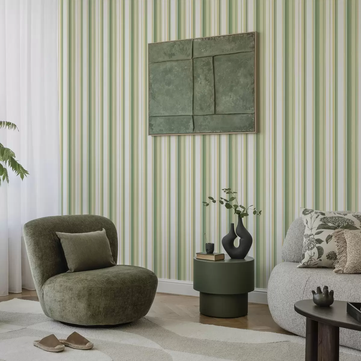 Tapete Grün und beige gestreift mit gelben Akzentlinien a00531