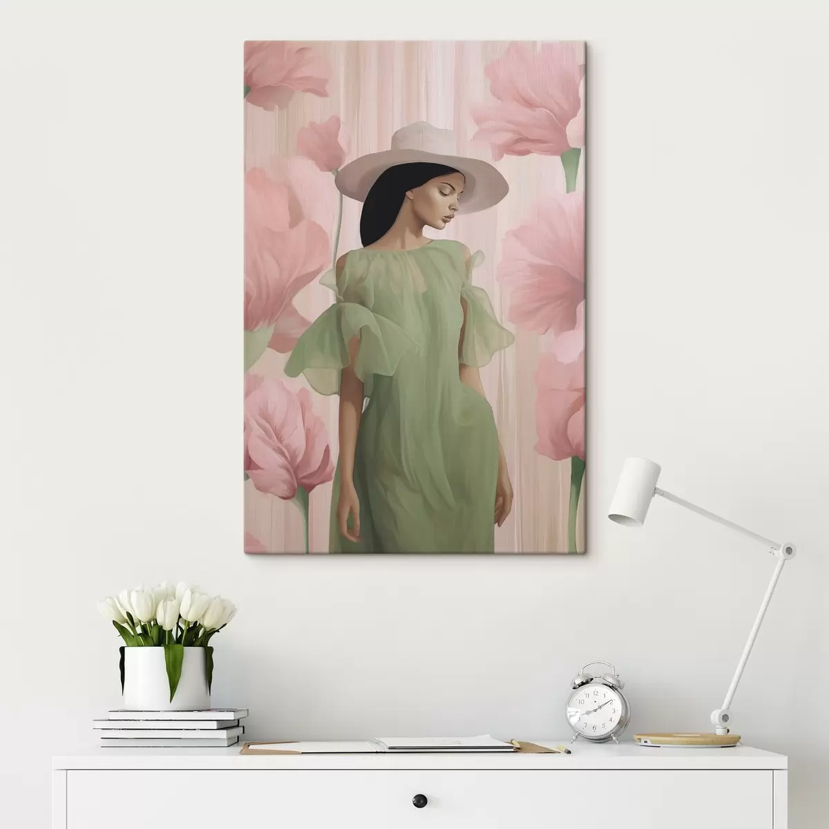 Fototapete Mädchen mit Hut zwischen Blumen s45678