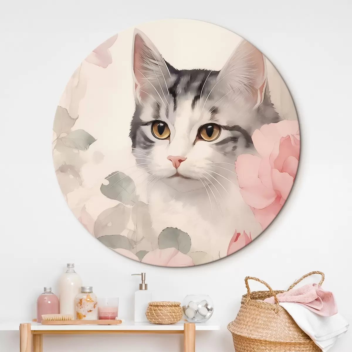 Runde Wandbilder Katze unter Rosen r45673