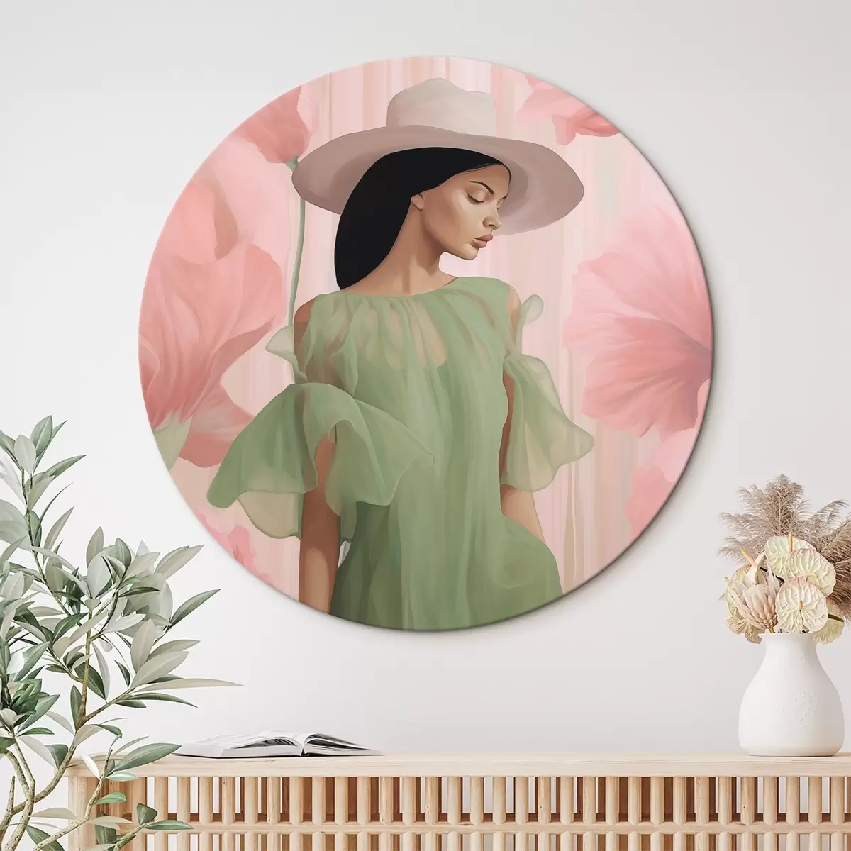 Runde Wandbilder Mädchen mit Hut zwischen Blumen r45678