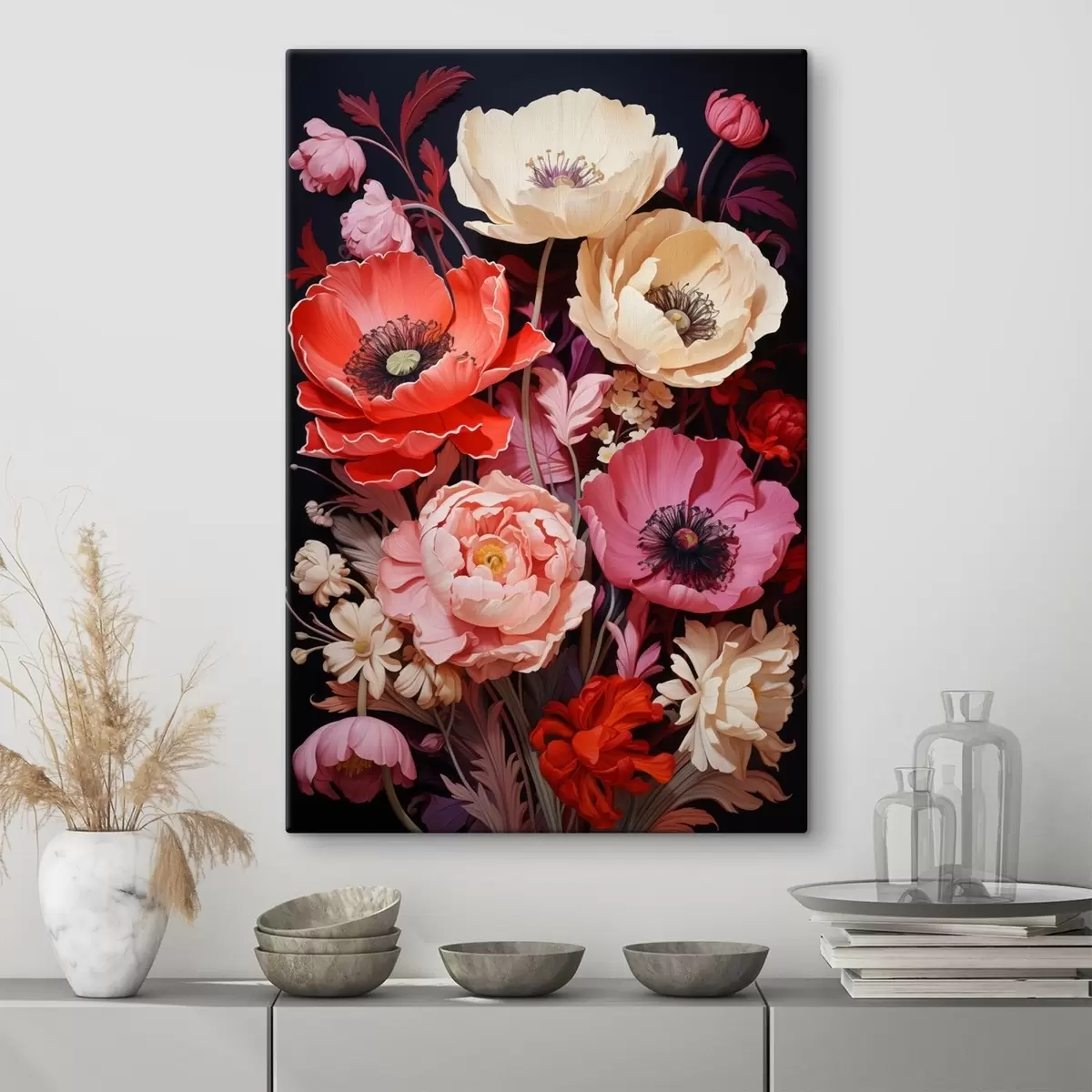 Fototapete Blumenstrauß aus Mohnblumen in rosa und roten Farbtönen s45600