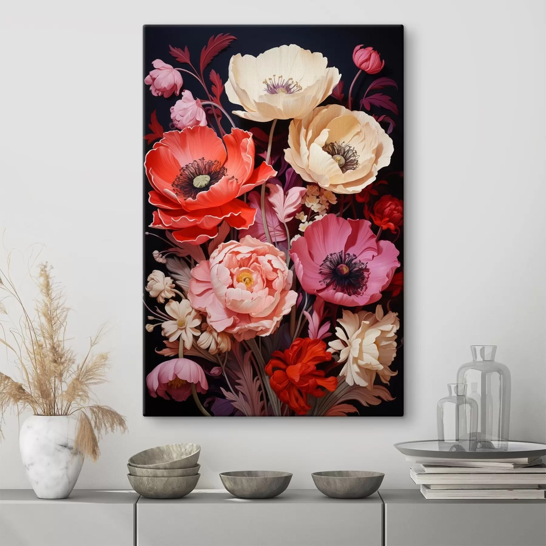 Fototapete Blumenstrauß aus Mohnblumen in rosa und roten Farbtönen s45600