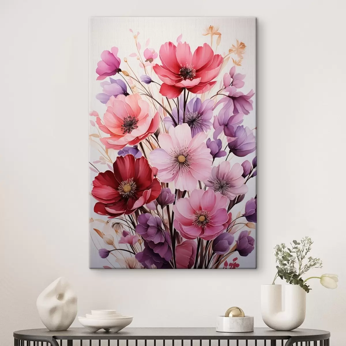 Fototapete Zarter Blumenstrauß aus rosa und lila Mohnblumen auf hellem Hintergrund, Aquarellstil s45601