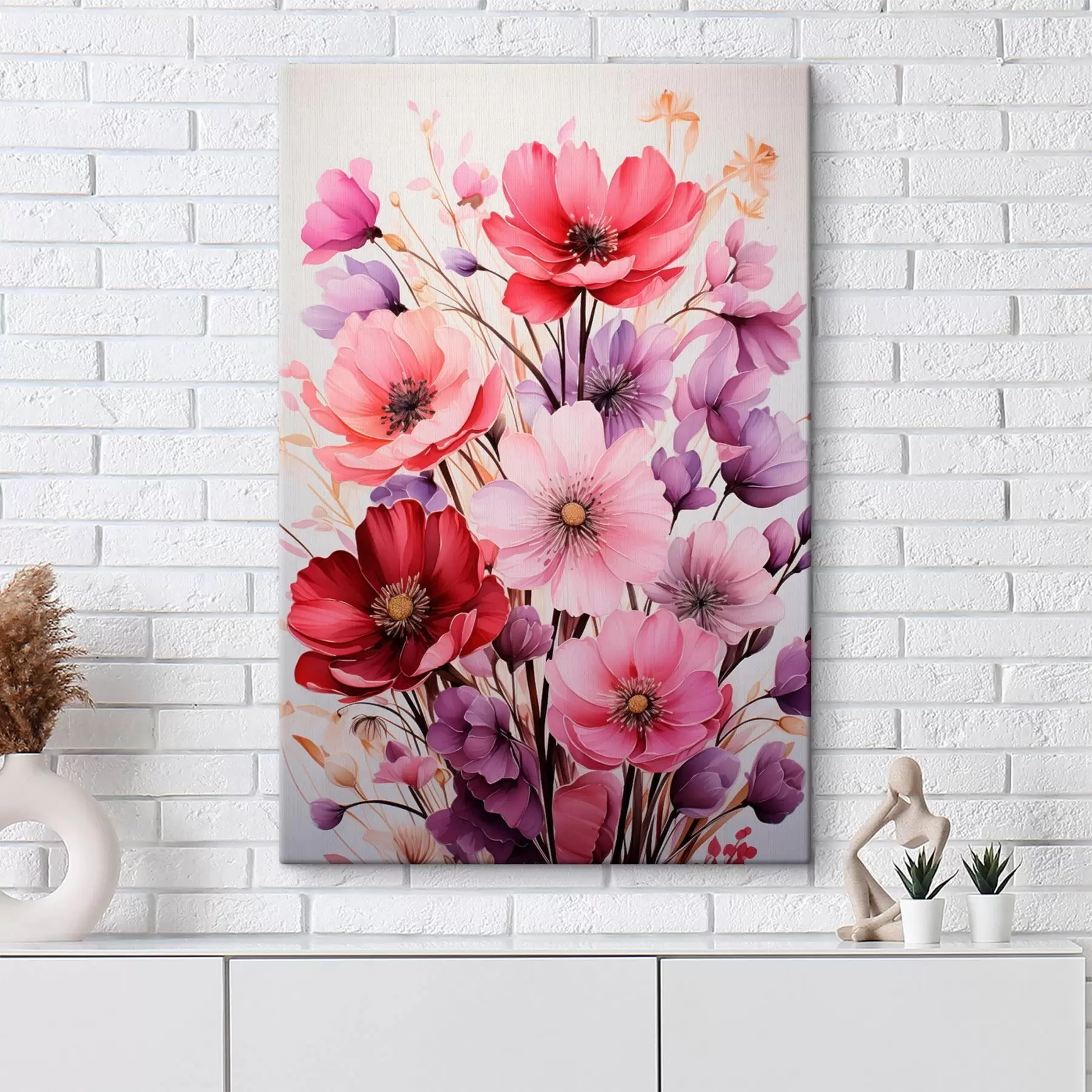 Fototapete Zarter Blumenstrauß aus rosa und lila Mohnblumen auf hellem Hintergrund, Aquarellstil s45601