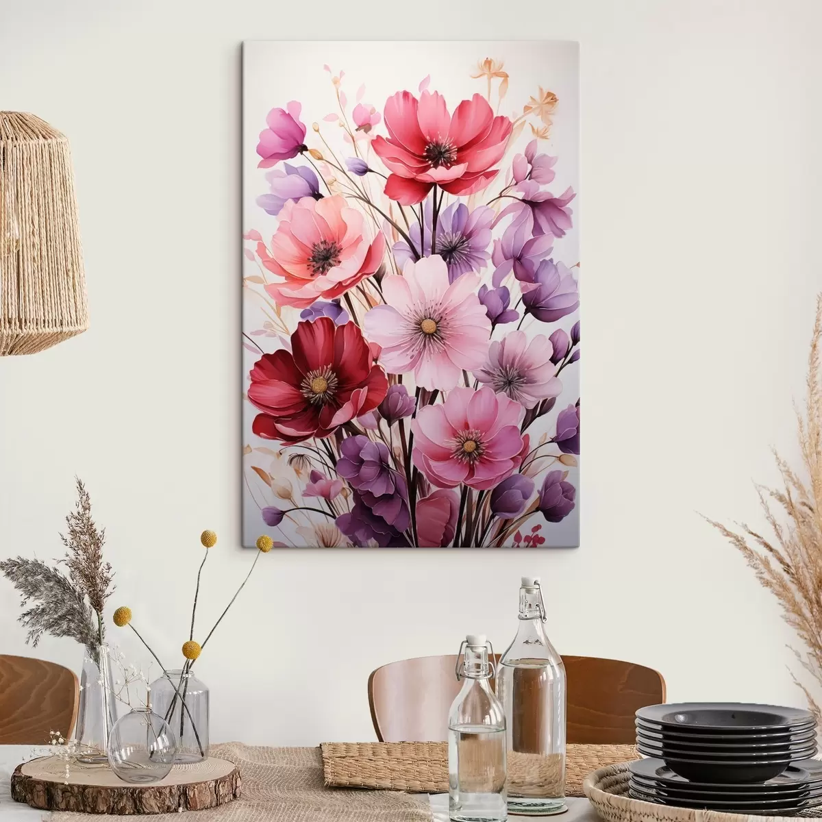 Fototapete Zarter Blumenstrauß aus rosa und lila Mohnblumen auf hellem Hintergrund, Aquarellstil s45601