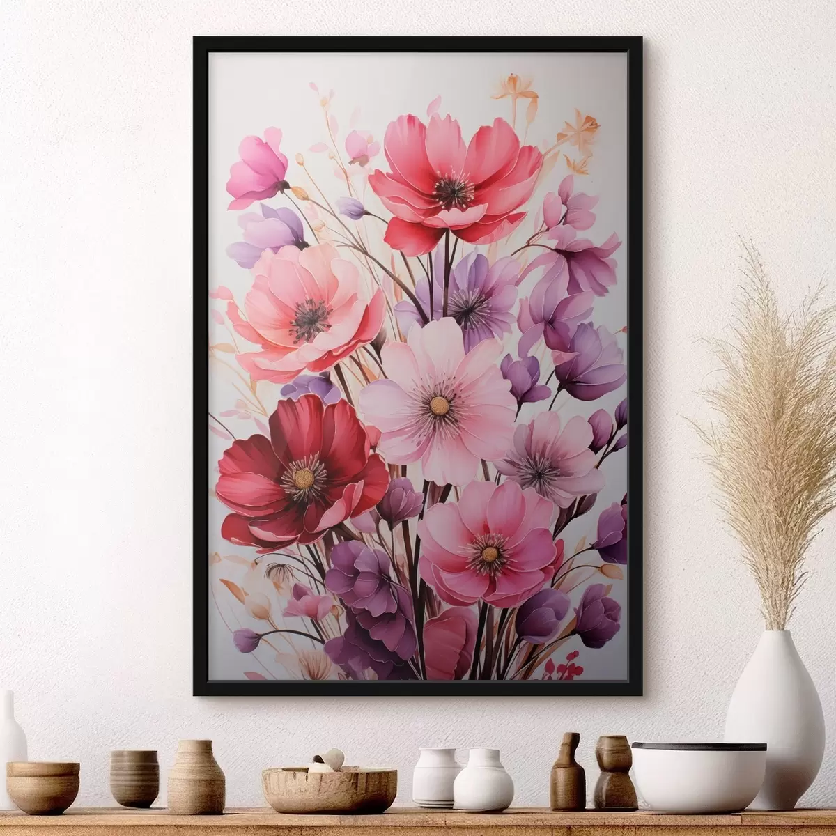 Poster Zarter Blumenstrauß aus rosa und lila Mohnblumen auf hellem Hintergrund, Aquarellstil f45601