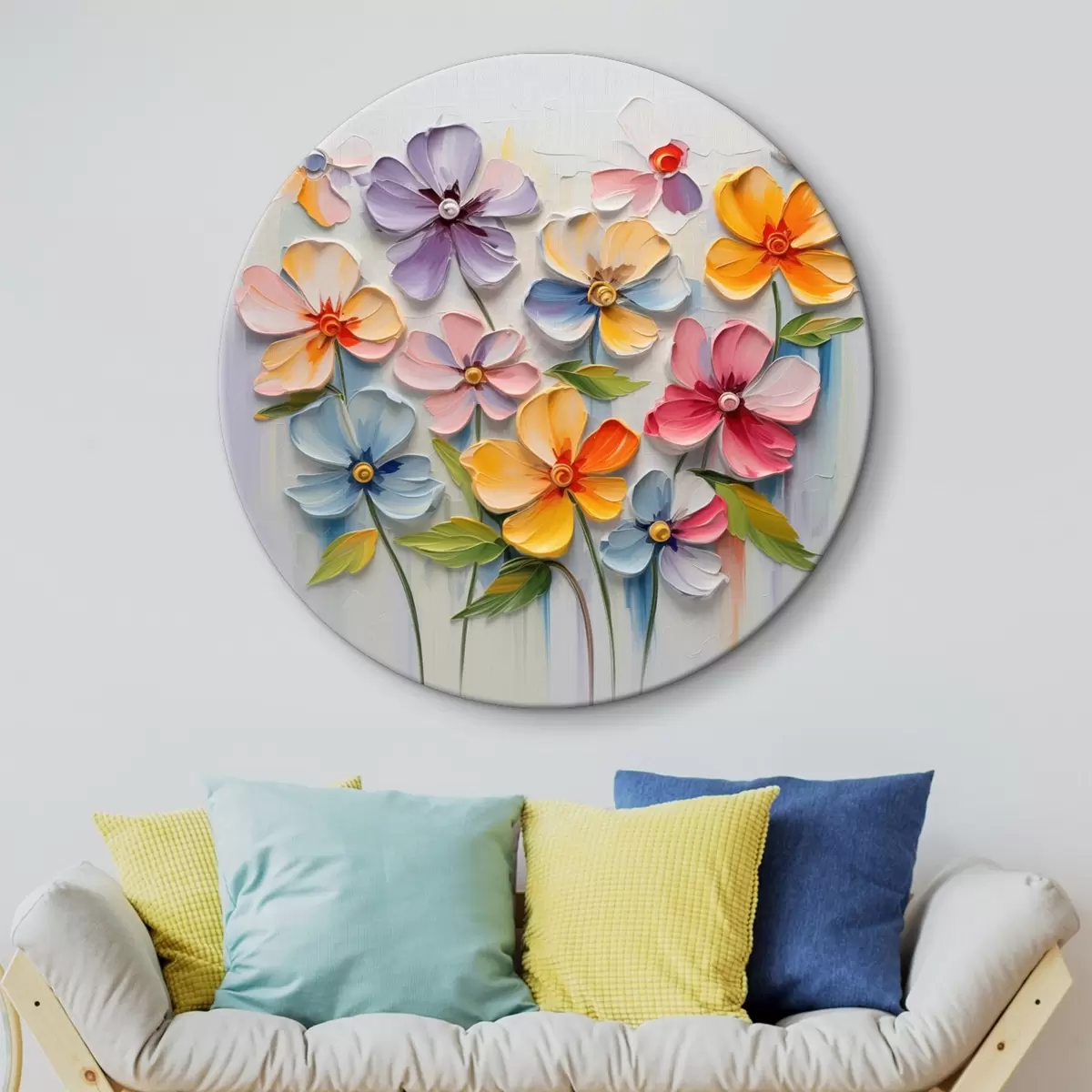 Runde Wandbilder Blumenstillleben: mehrfarbige Blumen in Impasto-Technik r45598