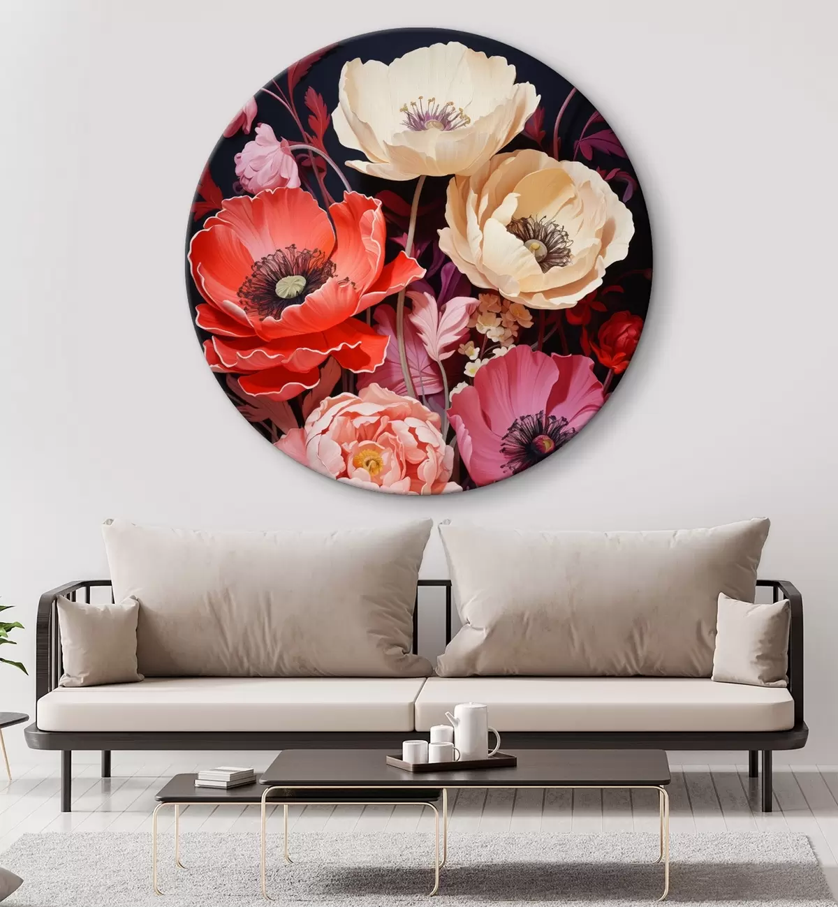 Runde Wandbilder Blumenstrauß aus Mohnblumen in rosa und roten Farbtönen r45600