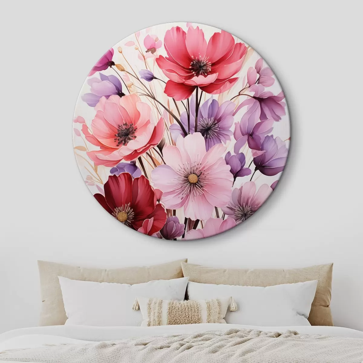 Runde Wandbilder Zarter Blumenstrauß aus rosa und lila Mohnblumen auf hellem Hintergrund, Aquarellstil r45601
