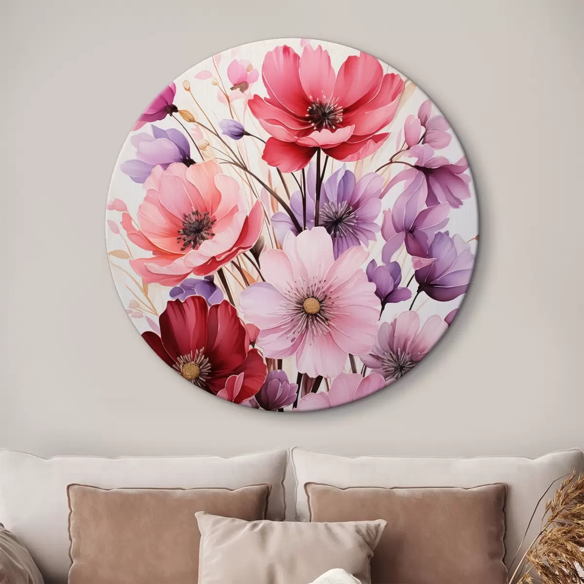 Runde Wandbilder Zarter Blumenstrauß aus rosa und lila Mohnblumen auf hellem Hintergrund, Aquarellstil r45601