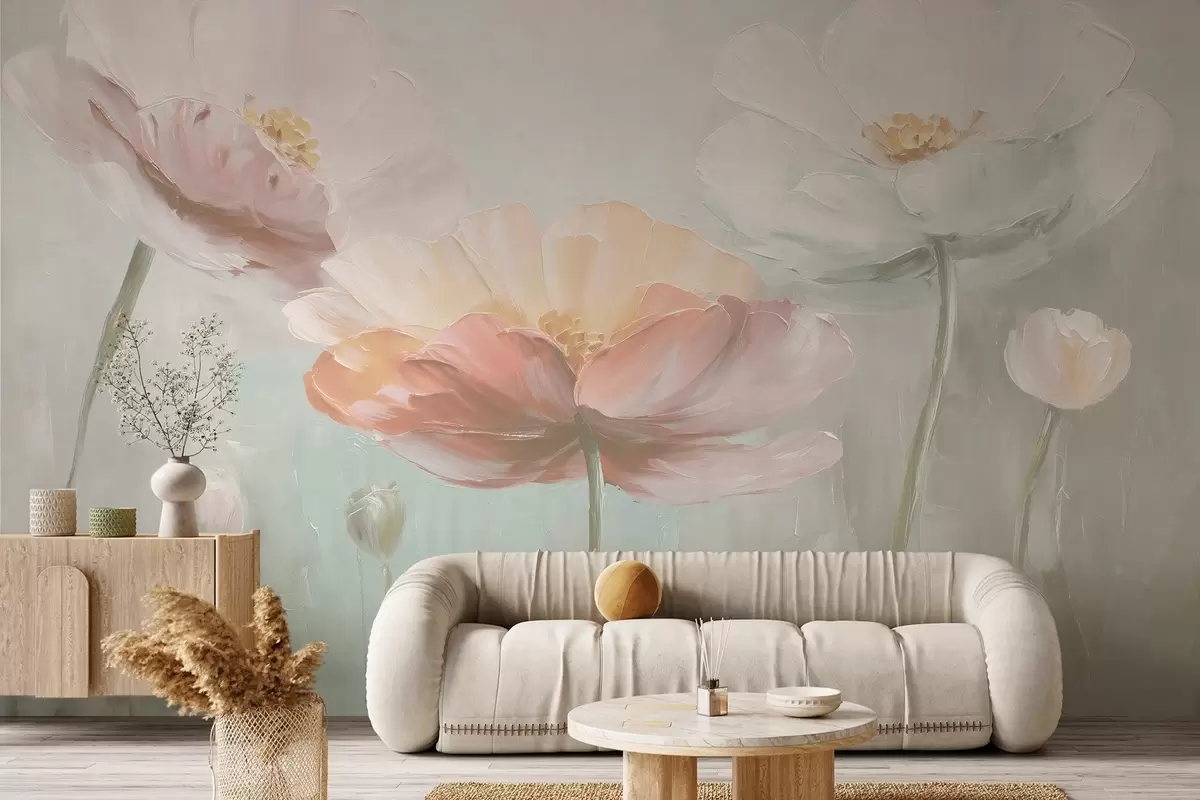 Fototapete Volumetrische Pastellmohnblumen im Stil der Ölmalerei w09310v1