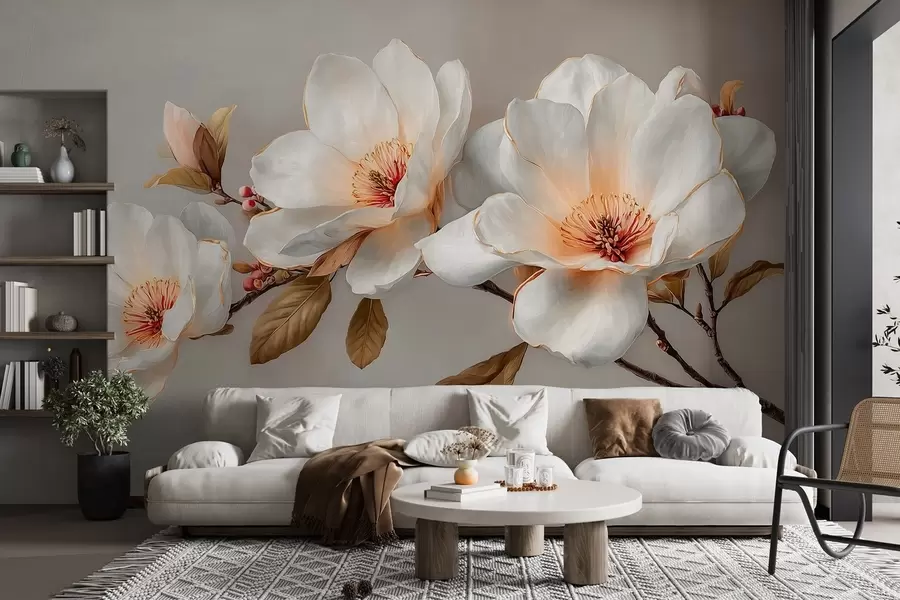 Fototapete Zarte Blumen auf einem Zweig in Pastelltönen mit orangefarbener Mitte w09299