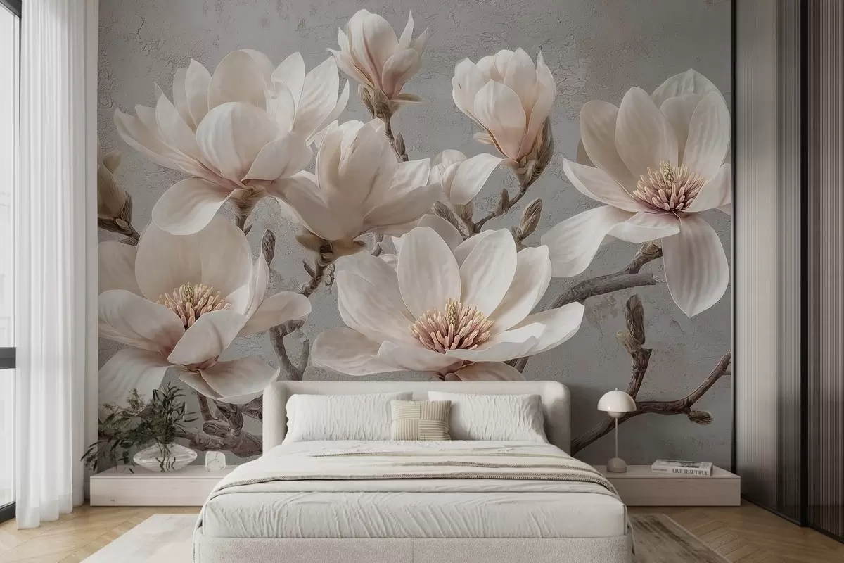 Fototapete Magnolienzweige mit großen hellen Blüten in gedeckten Tönen w09305