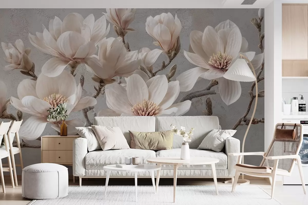 Fototapete Magnolienzweige mit großen hellen Blüten in gedeckten Tönen w09305