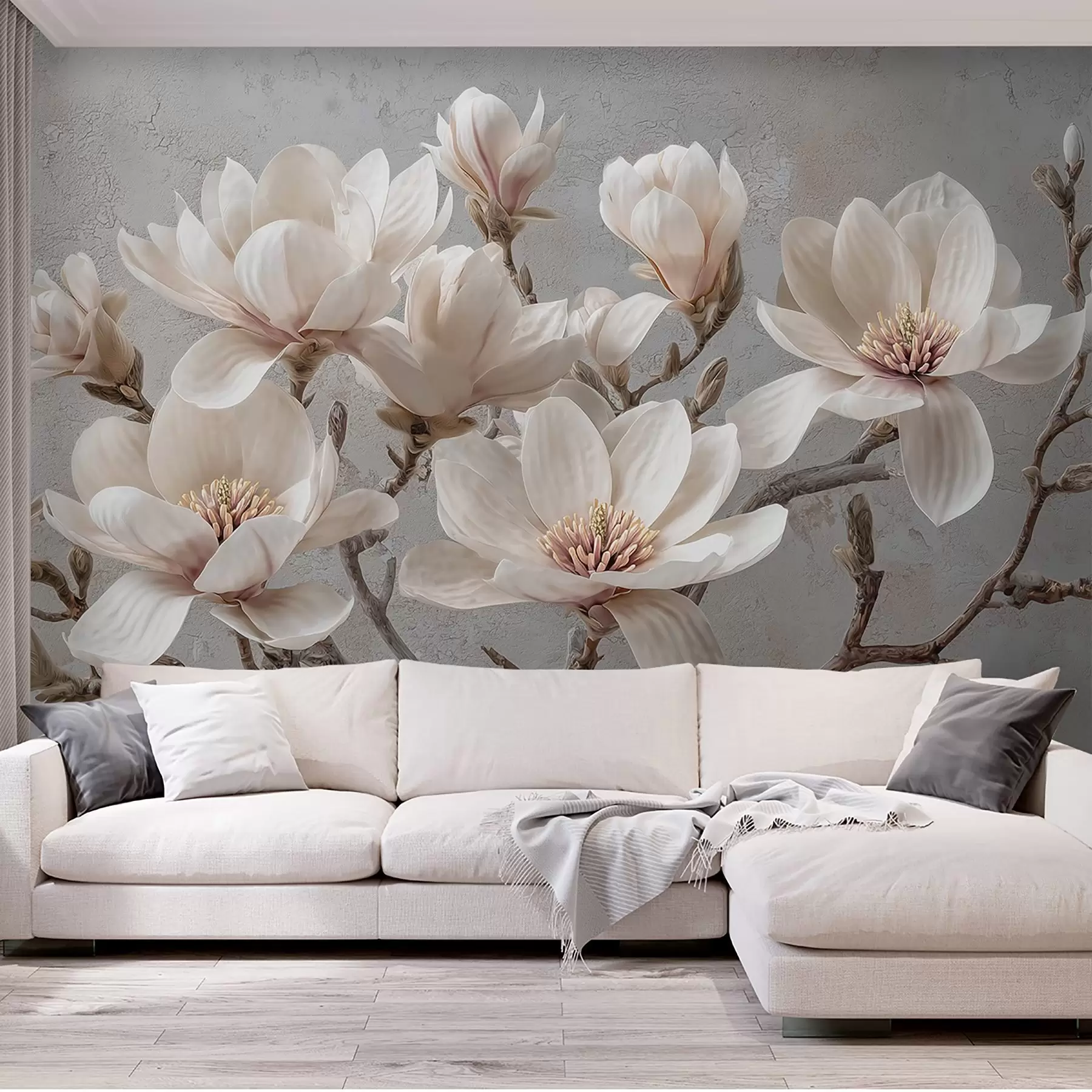 Fototapete Magnolienzweige mit großen hellen Blüten in gedeckten Tönen w09305