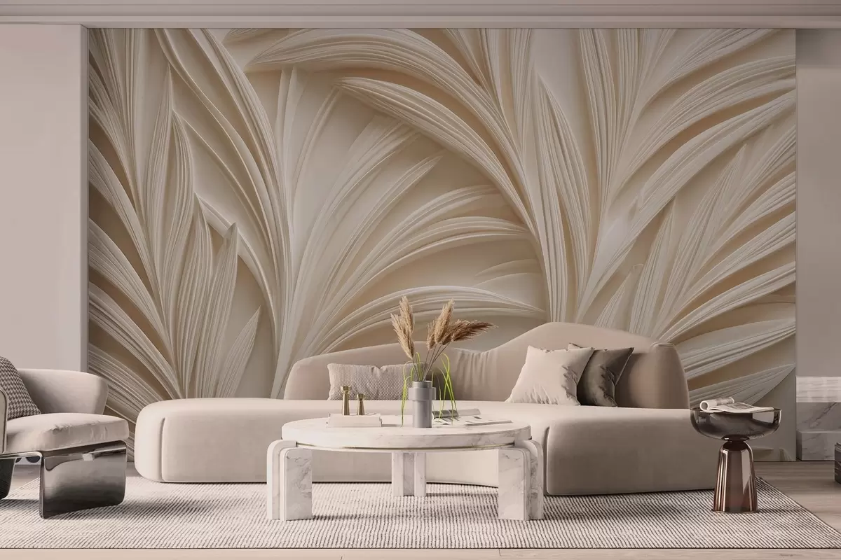 Fototapete Dekorative beige Blätter im 3D-Stil w09351