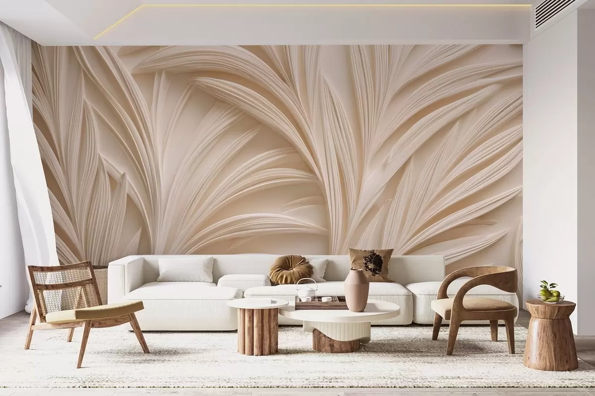 Fototapete Dekorative beige Blätter im 3D-Stil w09351