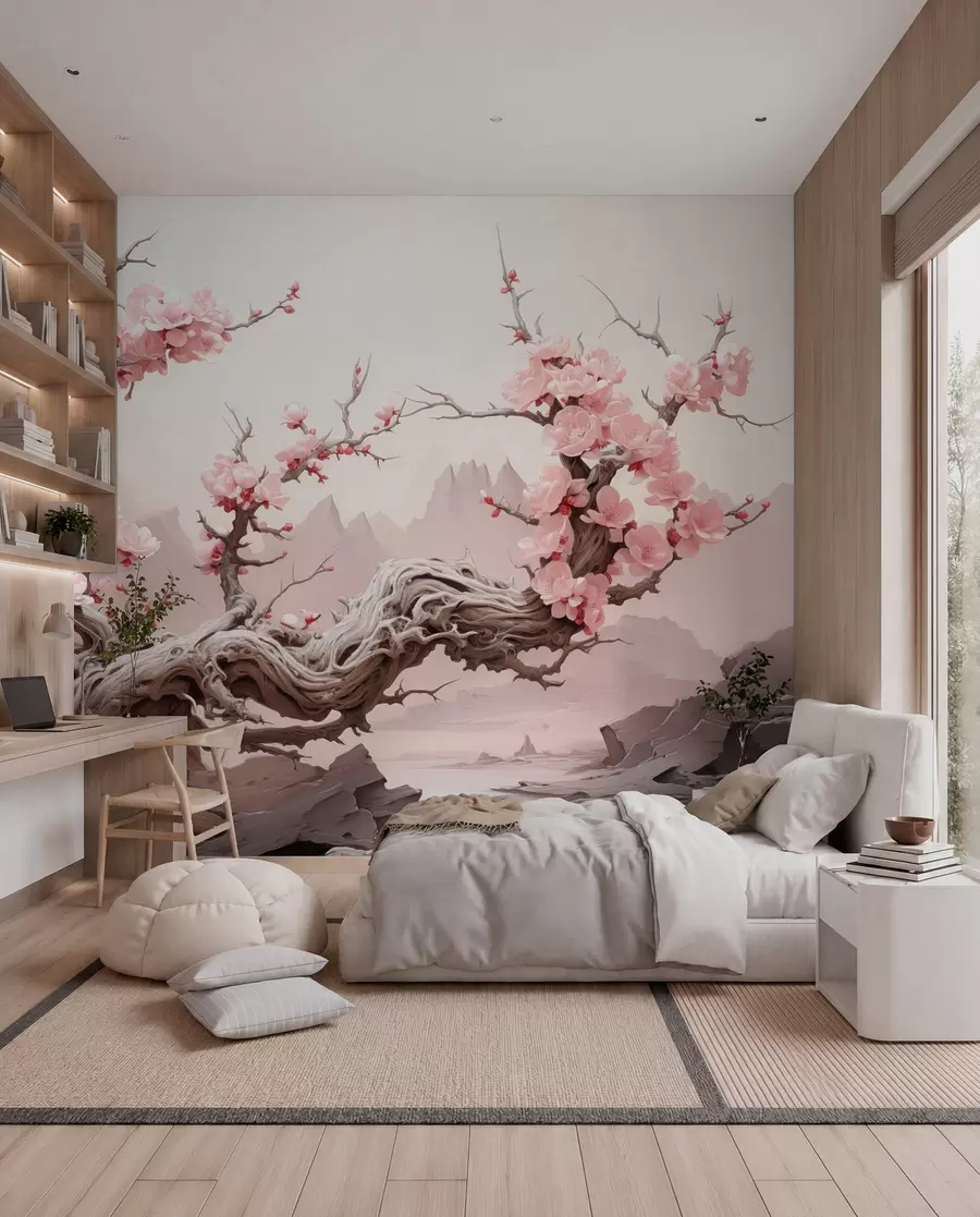 Fototapete Verdrehter Baumstamm mit blühendem rosa Sakura w09388