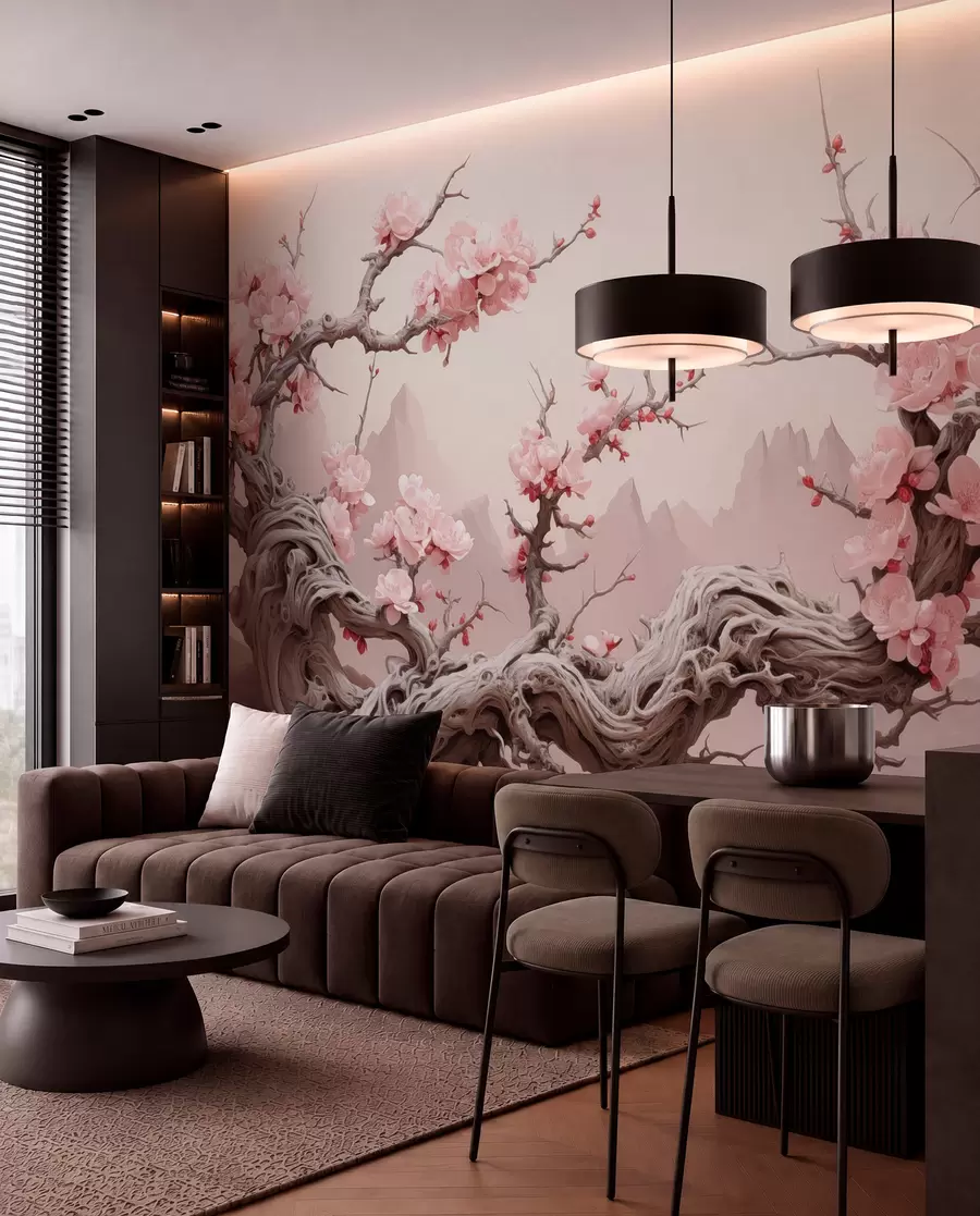 Fototapete Verdrehter Baumstamm mit blühendem rosa Sakura w09388