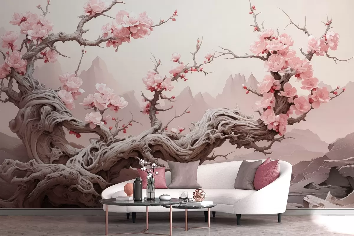Fototapete Verdrehter Baumstamm mit blühendem rosa Sakura w09388