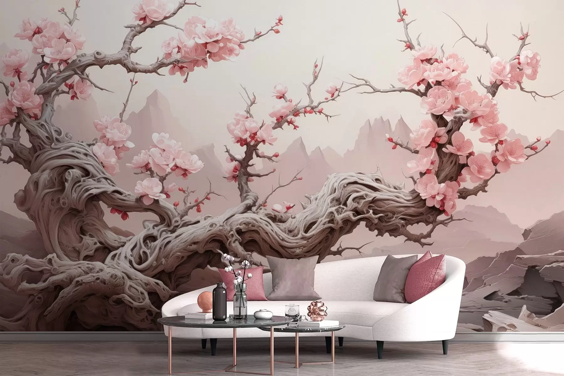 Fototapete Verdrehter Baumstamm mit blühendem rosa Sakura w09388