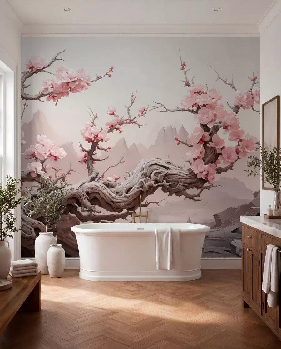Fototapete Verdrehter Baumstamm mit blühendem rosa Sakura w09388