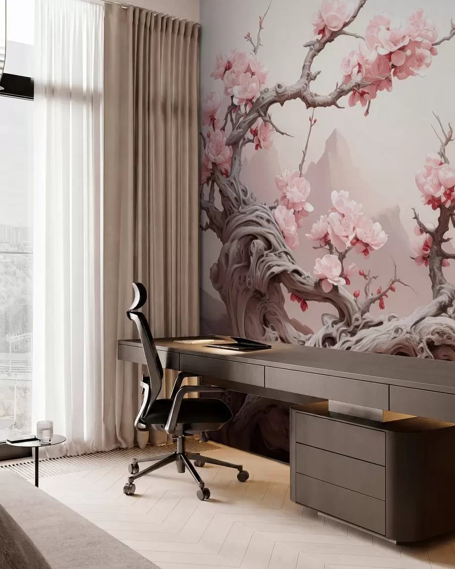 Fototapete Verdrehter Baumstamm mit blühendem rosa Sakura w09388