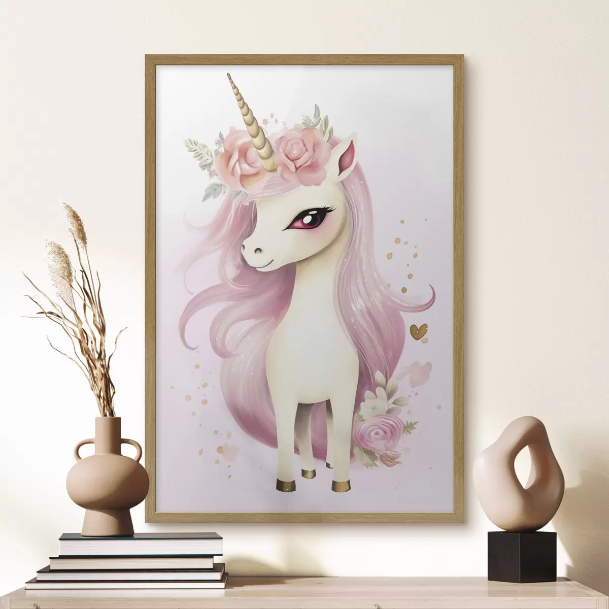 Poster Einhorn mit rosa Mähne und Blumenkranz f45484