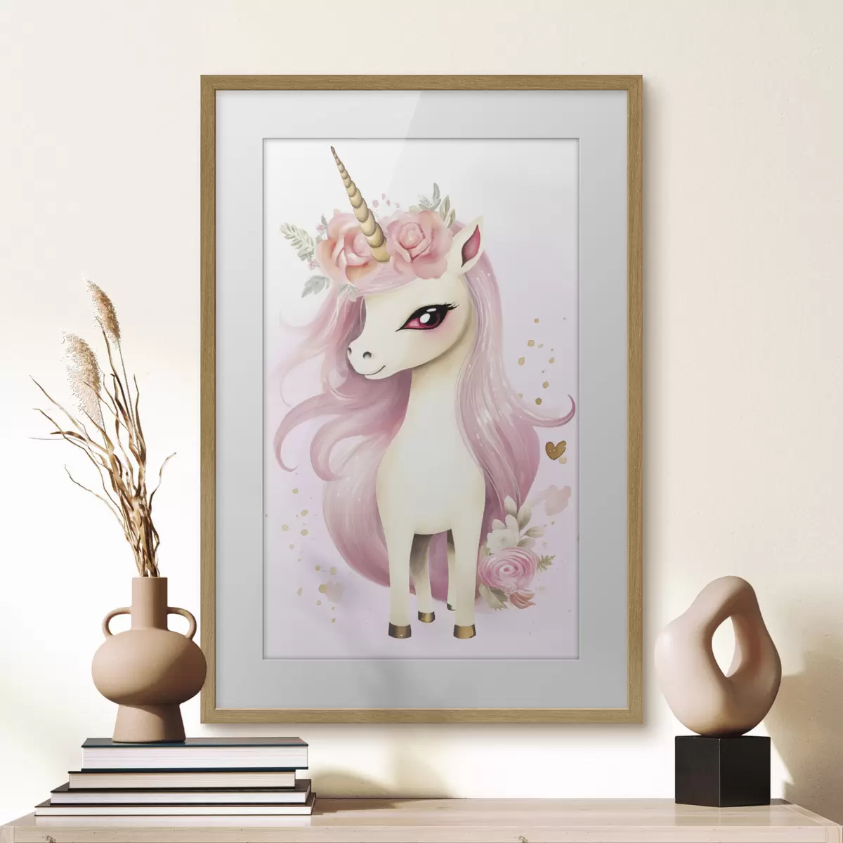 Poster Einhorn mit rosa Mähne und Blumenkranz f45484