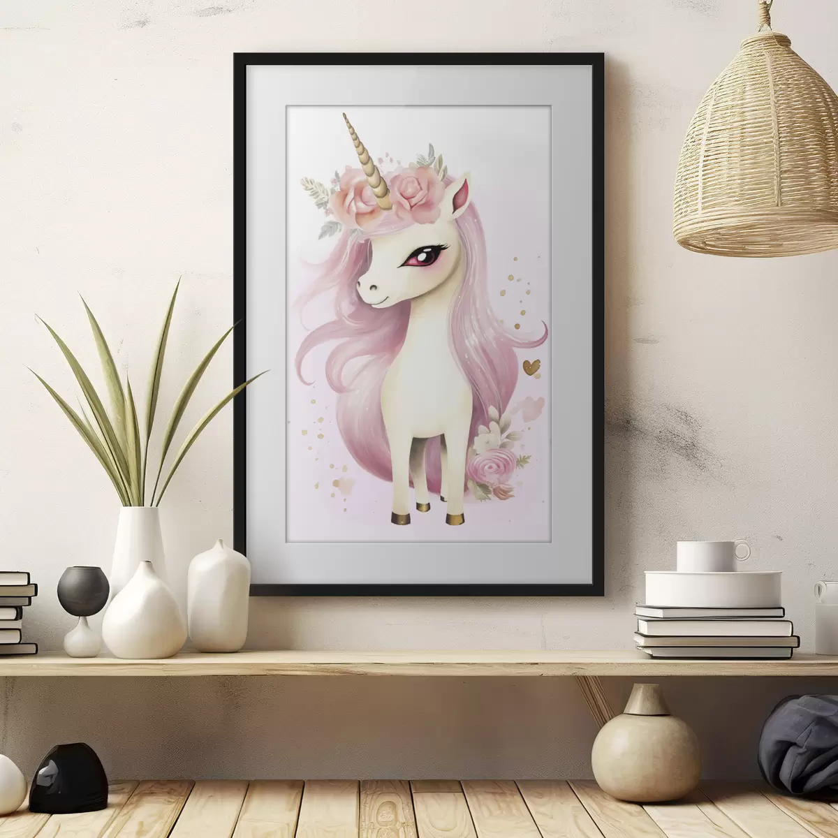 Poster Einhorn mit rosa Mähne und Blumenkranz f45484