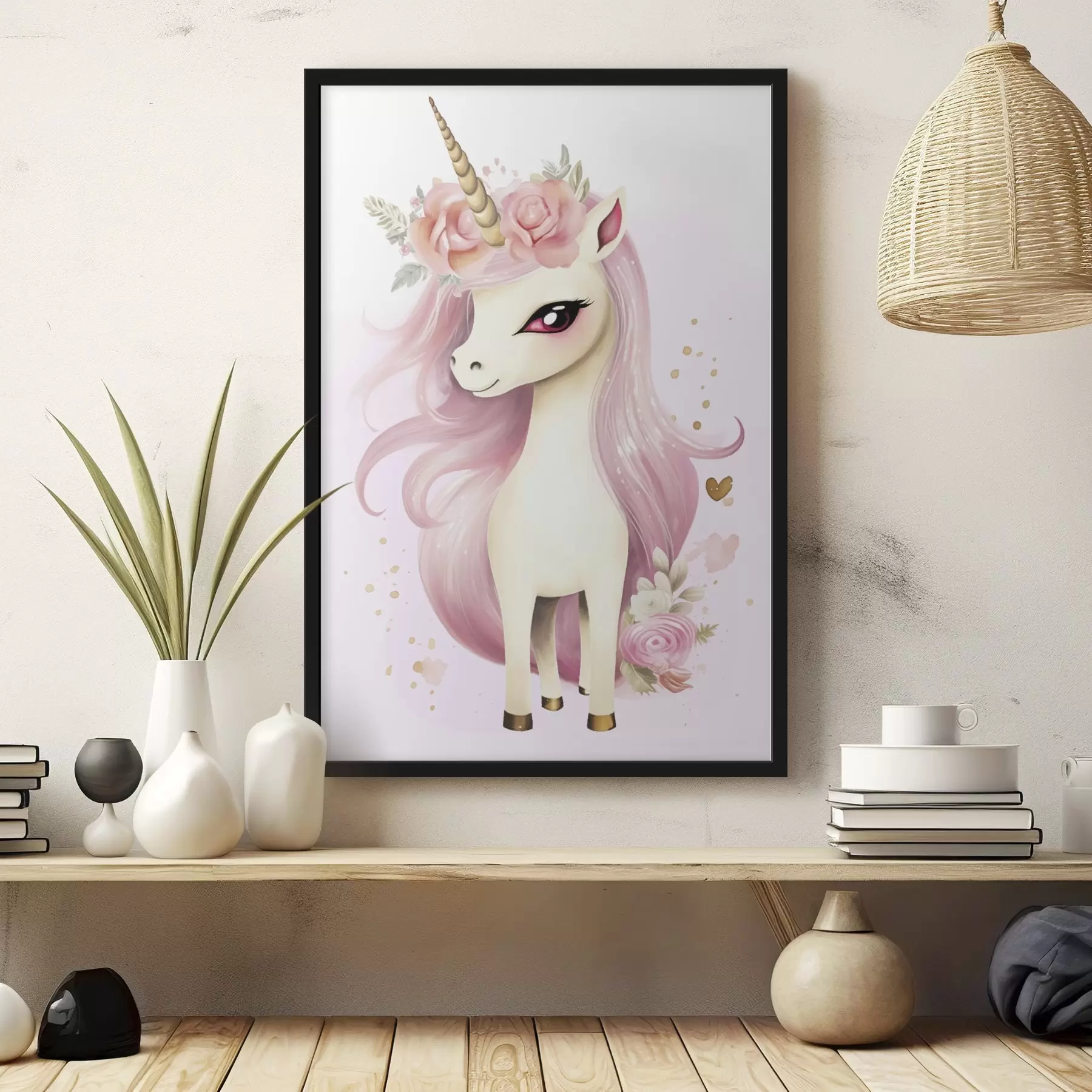Fototapete Einhorn mit rosa Mähne und Blumenkranz f45484