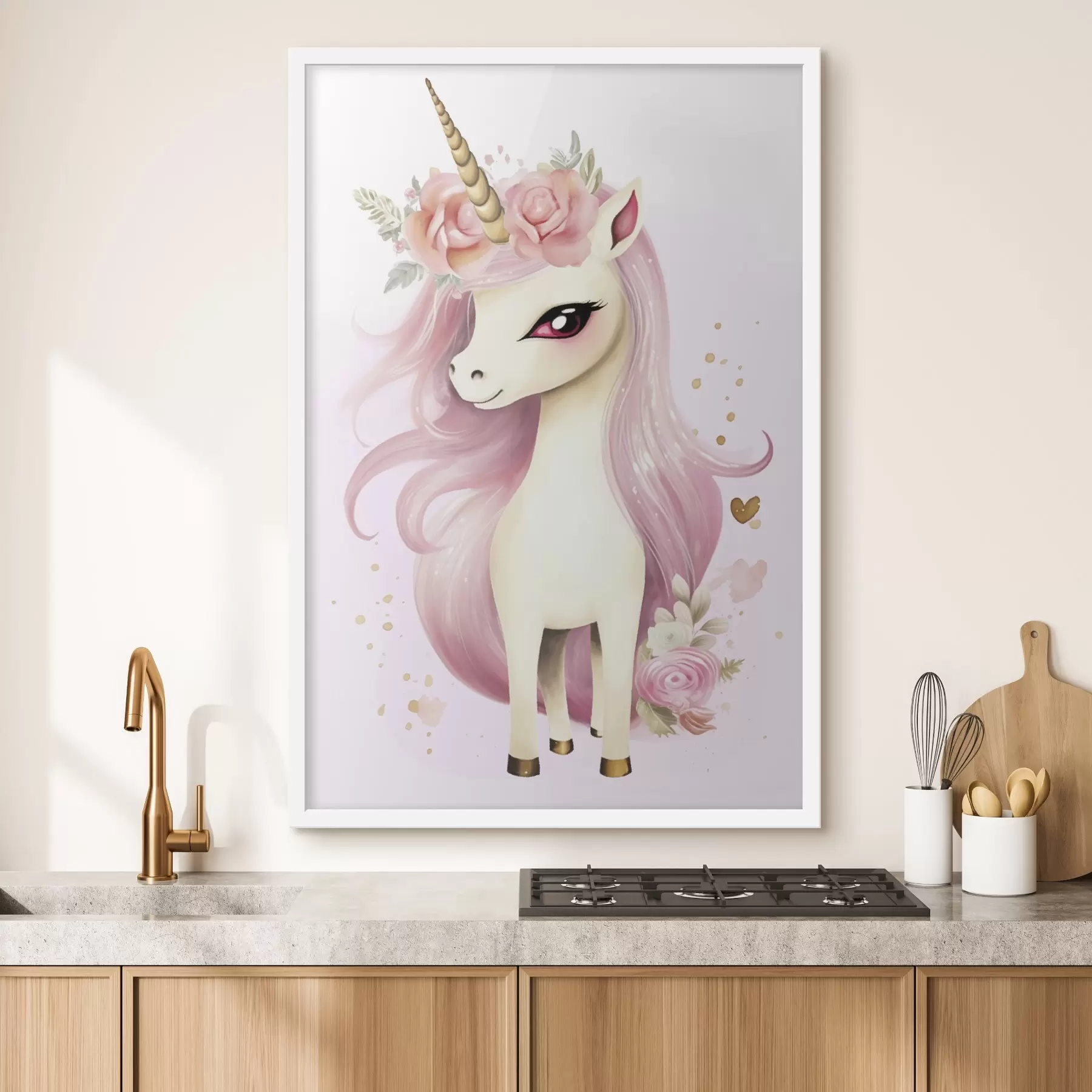 Fototapete Einhorn mit rosa Mähne und Blumenkranz f45484