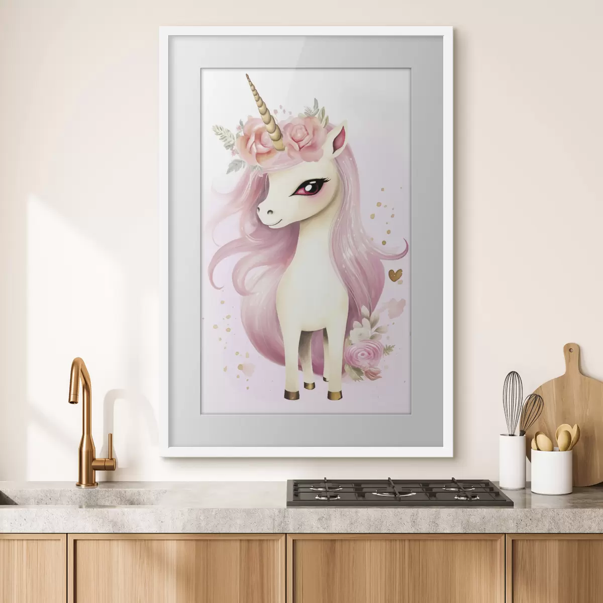 Poster Einhorn mit rosa Mähne und Blumenkranz f45484