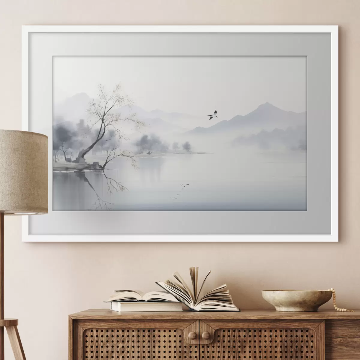 Poster Baum am silbernen Wasser f45518