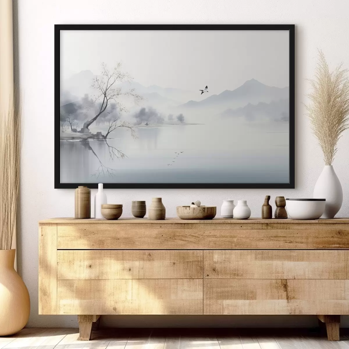 Poster Neblige Landschaft mit einem Baum, Bergen und Vögeln f45518