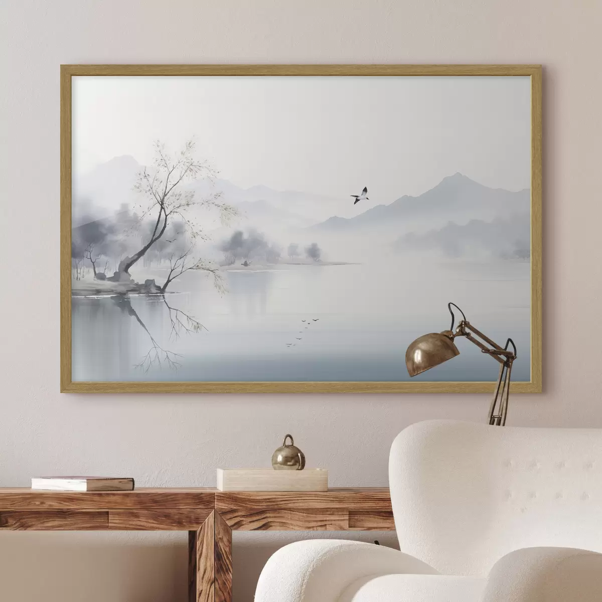 Poster Baum am silbernen Wasser f45518