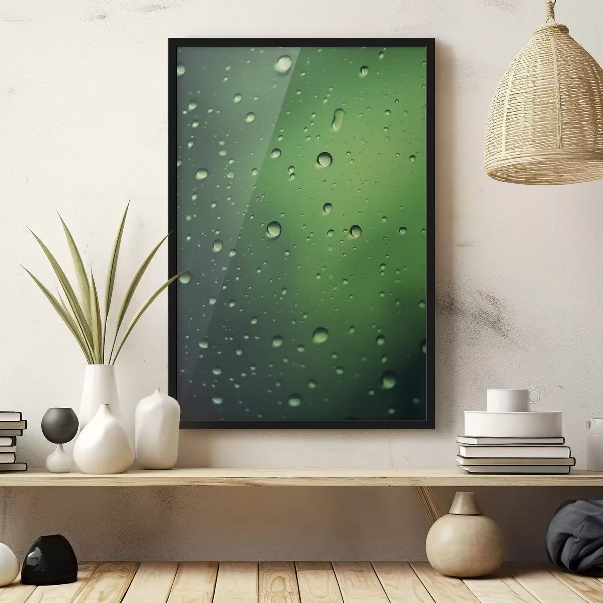 Poster Wassertropfen auf grünem Glas Großaufnahme f45521