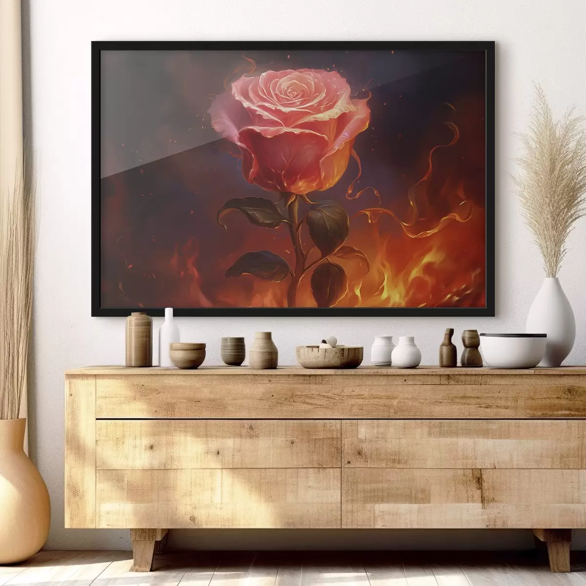 Poster Rote Rose zwischen Feuer und Funken f45523