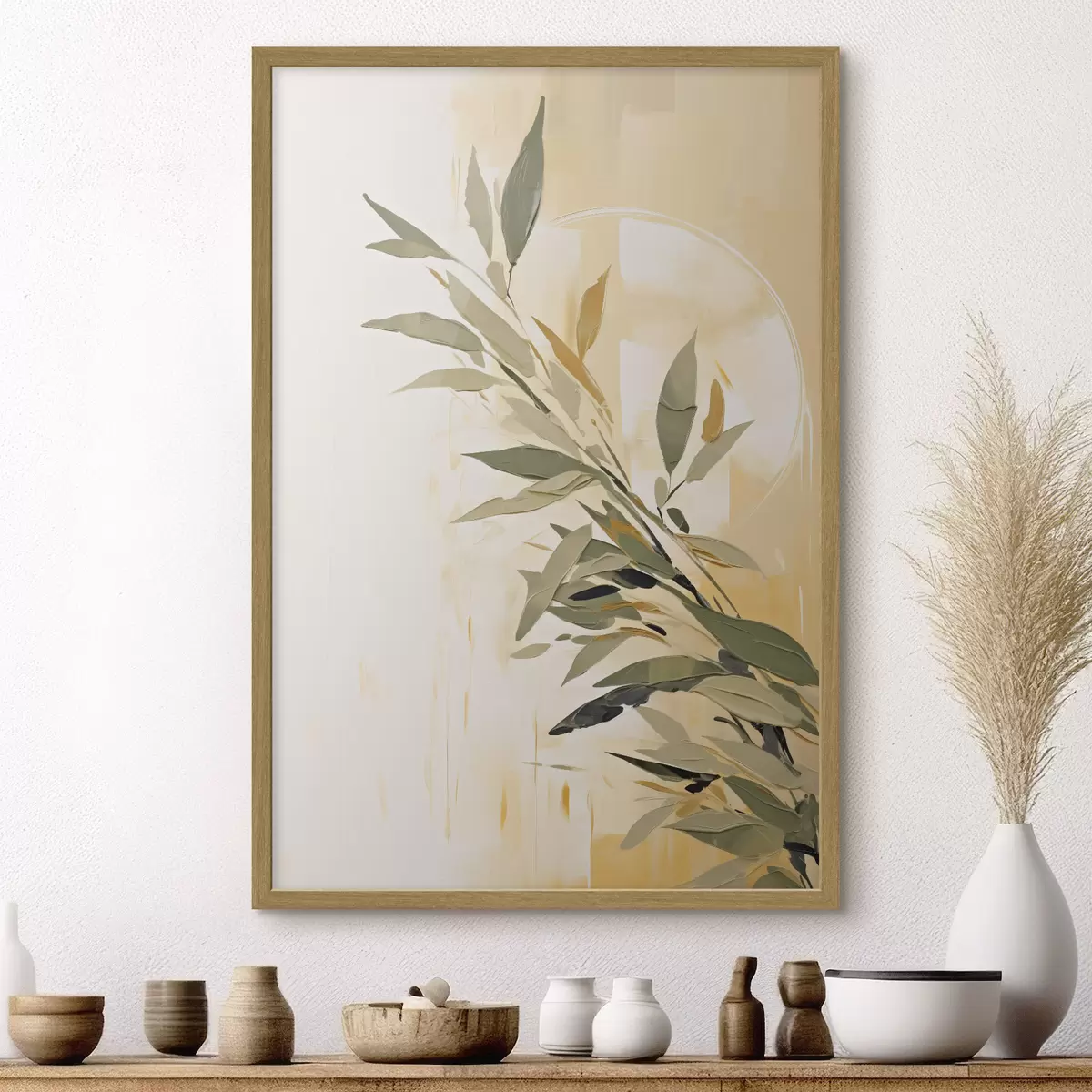 Poster Botanischer Zweig mit grünen Blättern auf einem warmen Hintergrund f45690