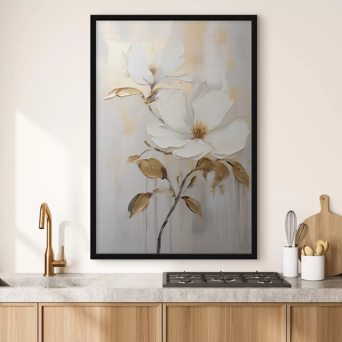 Poster Zwei weiße Blüten mit gelb-orangefarbenen Blättern auf hellem Hintergrund f45691