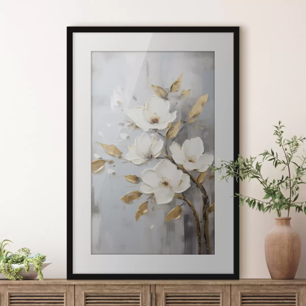 Poster Zweig mit weißen Blüten und gelb-orangefarbenen Blättern f45692